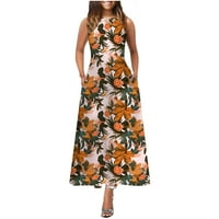 Ljetne haljine za žene bez rukava gležanj dužine Casual a-Line štampani okrugli izrez haljina Orange XL