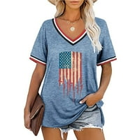 Lastsosova ženska casual labava američka zastava Ispis V-izrez tiskani majica kratkih rukava vrhovi američke zastave majice žene
