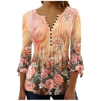 Pbnbp Henleyje košulje za žene Ljeto Vintage Cvjetni V tipku za rukave iz vrata dolje Tuničke vrhove