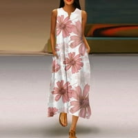 Klirens letnje haljine za žene V-izrez slatka štampana dužina gležnja a-Line Club Handleless Dress Pink