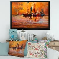 Brodovi Tokom Večeri Zalaska Sunca U Okeanu I Uokvirena Slika Platnu Art Print
