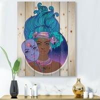 Designart 'portret Afro američke djevojke s plavom kosom II' moderan Print na prirodnom borovom drvetu