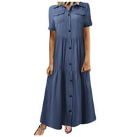 Clearsance Ljetne haljine za žene Henley Ankle dužina casual a-line ispisana haljina kratkih rukava plava m