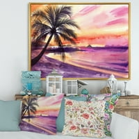 Designart' Purple and Pink Palm Beach Sunset ' Nautički i obalni uokvireni platneni zidni umjetnički Print