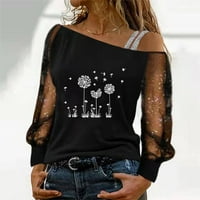 Žene Casual D Andelion Print Mesh Dugi rukav Cold Shoulder T-Shirt bluza vrhovi vrat Tops for Women Cotton