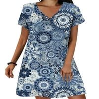 Voguele ženski sarafan kratki rukav T Shirt haljina V izrez Mini haljine plaža a-line plava cvjetna 3XL