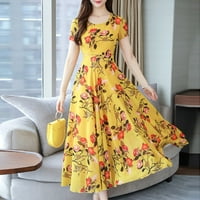 Ljetne haljine za žene Temperament dužine gležnja cvjetni kratki rukav Maxi Crew vrat putna haljina žuta