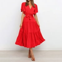 Ženske ljetne haljine za žene čvrste srednje dužine V-izrez Datum Casual kratki rukav a-Line haljina crvena