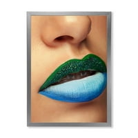 Designart' Close Up Woman Lips with Fashion Make Up and Brackets ' modern Framedred Art Print